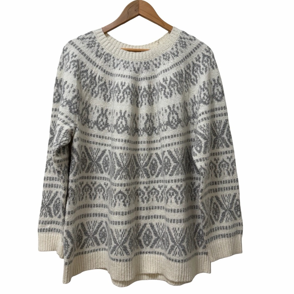 J Jill Womens Fair Isle Pullover Sweater Size XL Cream Gray Nordic Winter Layers